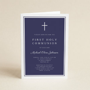 Invitation Moderne Garçon Croix Bleu Marine Première Sainte C