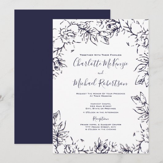 Invitation Moderne, Gardenia Floral, Marine, Blush, Mariage (Devant / Derrière)