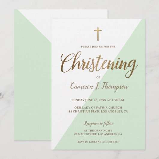 Invitation Moderne Genre Neutre Vert Or Christening bébé (Devant / Derrière)