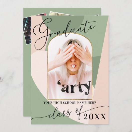 Invitation Moderne Geo Sage Vert Dusty Rose Photo Graduation (Devant / Derrière)