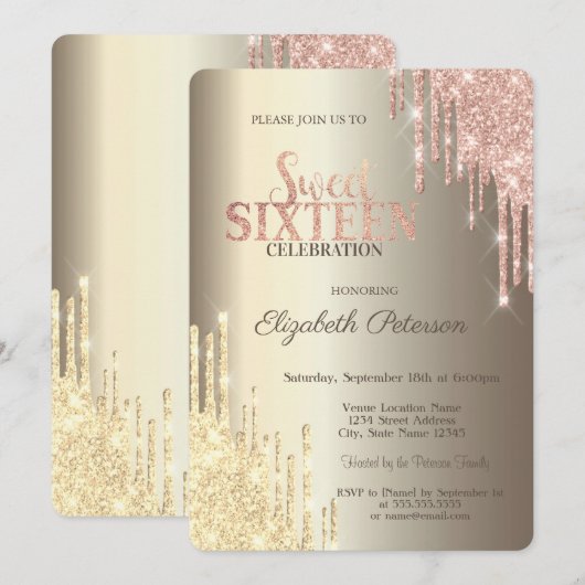 Invitation Moderne Glitter Drips Champagne Or Douce 16 (Devant / Derrière)