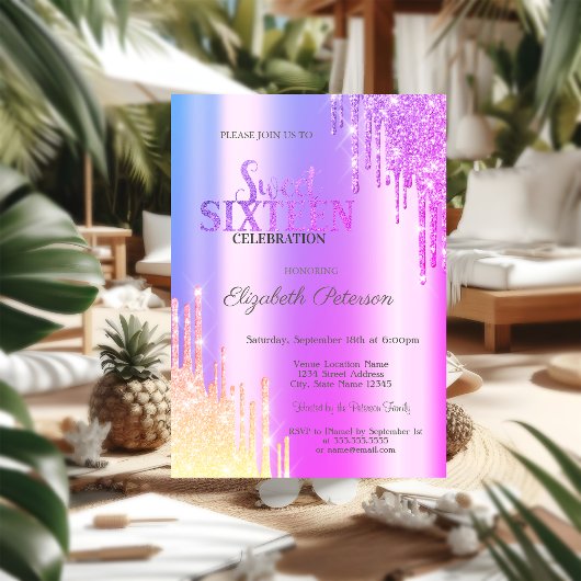 Invitation Moderne Glitter Ombre Violet Gouttes Douces 16