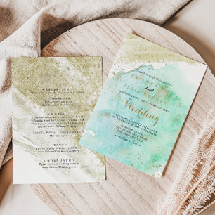 Invitation Moderne Gold Green Calligraphy Mariage avant et ar