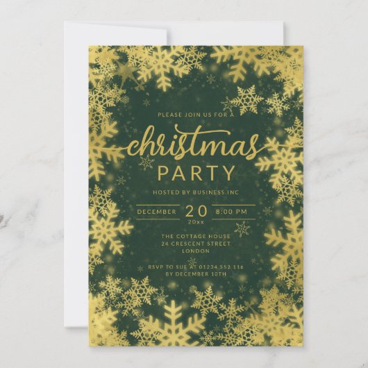 Invitation Moderne Gold Green Snowflakes Société Noël (Devant)