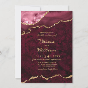 Invitation Moderne Golden Burgundy Marble Agate Mariage