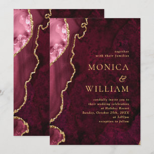 Invitation Moderne Golden Burgundy Marble Agate Mariage
