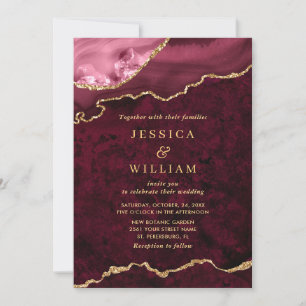 Invitation Moderne Golden Burgundy Marble Agate Mariage