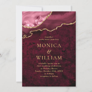 Invitation Moderne Golden Burgundy Marble Agate Mariage