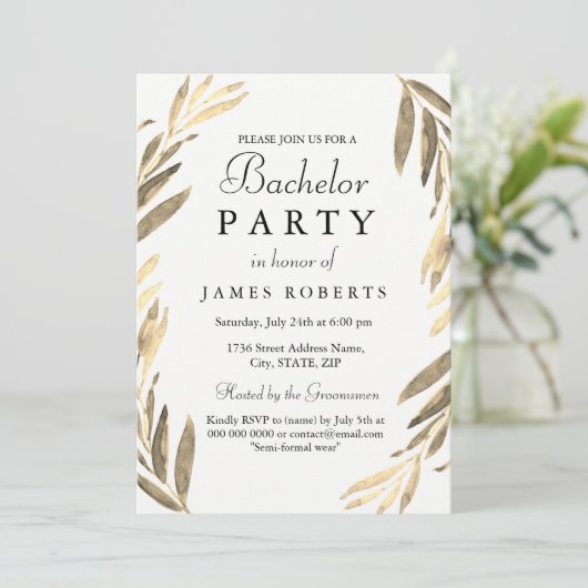 Invitation moderne Golden Leaf Bachelor Party (Debout devant)