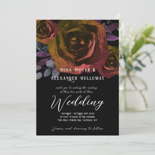 Invitation Moderne Goth Dark Watercolor Rose Mariage (Debout devant)