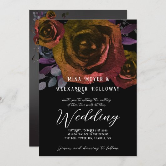Invitation Moderne Goth Dark Watercolor Rose Mariage (Devant / Derrière)