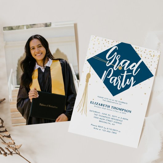 Invitation Moderne GRAD Casquette Bleu Gold Photo Party