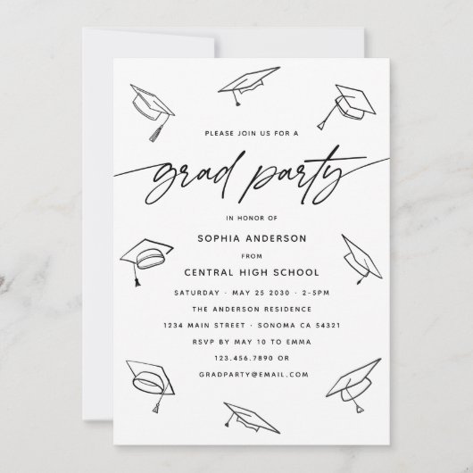 Invitation Moderne Grad Party Calligraphie Script Line Doodle (Devant)