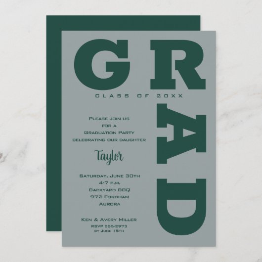 Invitation Moderne GRAD Vert foncé Gris gris (Devant / Derrière)