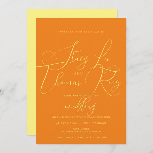 Invitation Moderne Gras brillant Jaune Orange Mariage Script (Devant / Derrière)