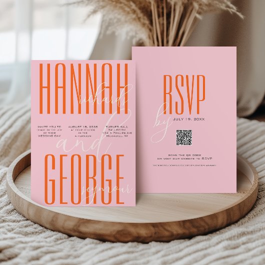 Invitation Moderne Gras Rose et Orange QR Code Mariage unique