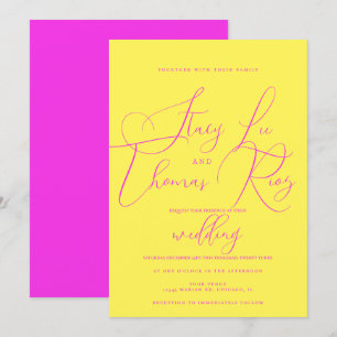 Invitation Moderne Gras Rose Jaune Écriture Mariage