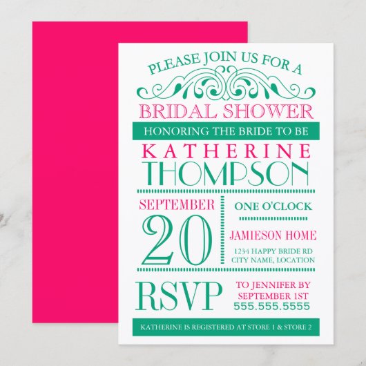 Invitation moderne Green et Fuchsia de douche nupt (Devant / Derrière)