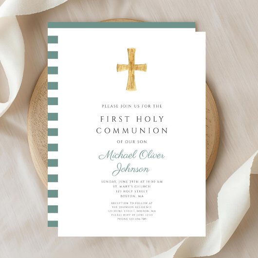 Invitation Moderne Green Stripes Cross Boy First Communion