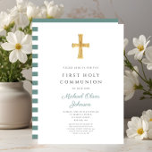 Invitation Moderne Green Stripes Cross Boy First Communion