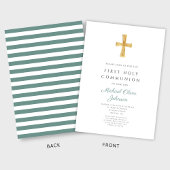 Invitation Moderne Green Stripes Cross Boy First Communion