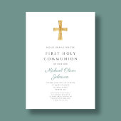 Invitation Moderne Green Stripes Cross Boy First Communion