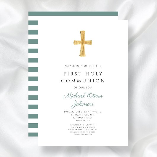 Invitation Moderne Green Stripes Cross Boy First Communion