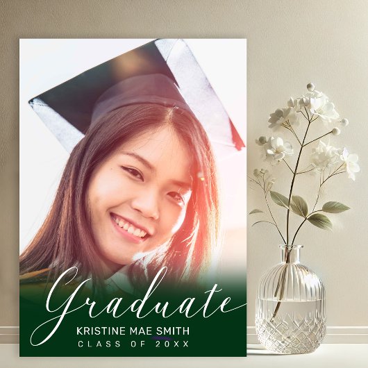 Invitation Moderne Green White Calligraphie Photo Graduation