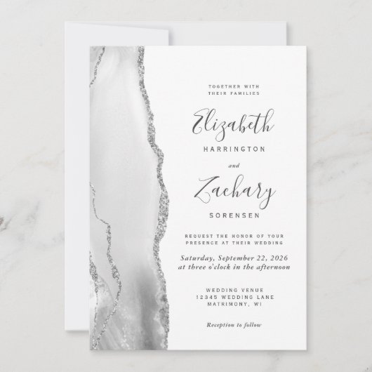Invitation Moderne Gris Blanc Argent Agate QR Code Mariage (Devant)