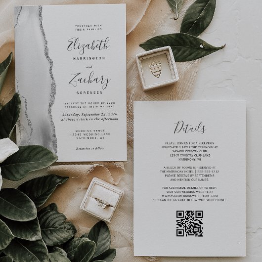 Invitation Moderne Gris Blanc Argent Agate QR Code Mariage