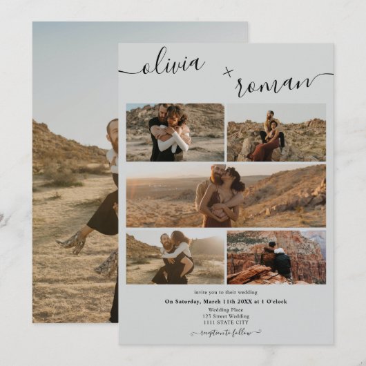 Invitation Moderne gris clair 6 photos grille collage mariage (Devant / Derrière)