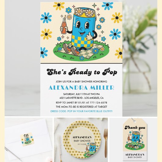 Invitation Moderne Groovy Daisy Bleue Jaune Elle est prête à