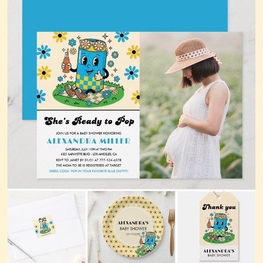 Invitation Moderne Groovy Daisy Bleue Jaune Elle est prête à