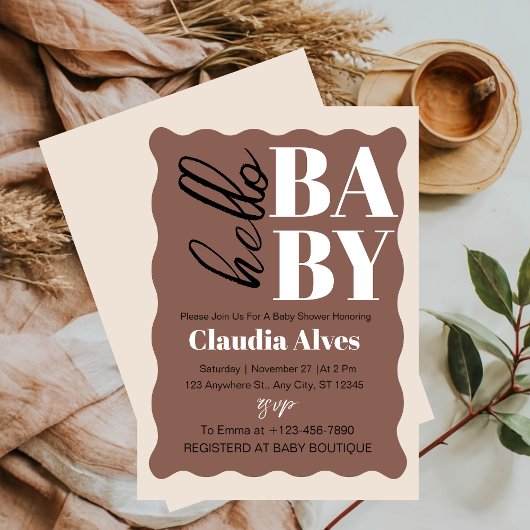 Invitation Moderne Hello Baby Baby shower Brown