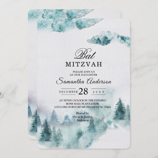 Invitation moderne hiver simple vert et blanc arbr (Devant / Derrière)