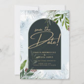 Invitation Moderne hiver verdure Mariage or Enregistrer Date (Devant)