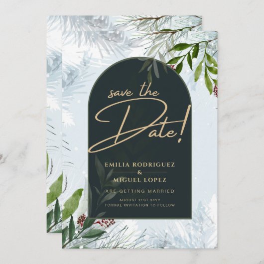Invitation Moderne hiver verdure Mariage or Enregistrer Date (Devant / Derrière)