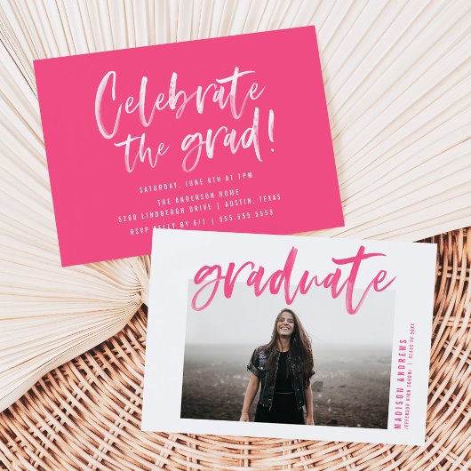 Invitation Moderne Hot rose brossé partie de graduation de sc