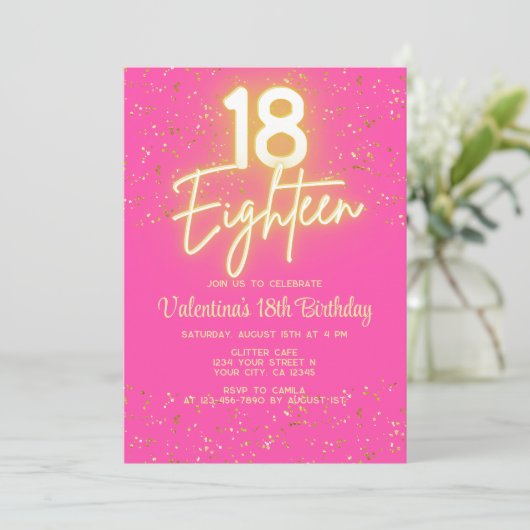 Invitation Moderne Hot rose Neon brillant or Parties scintill (Debout devant)