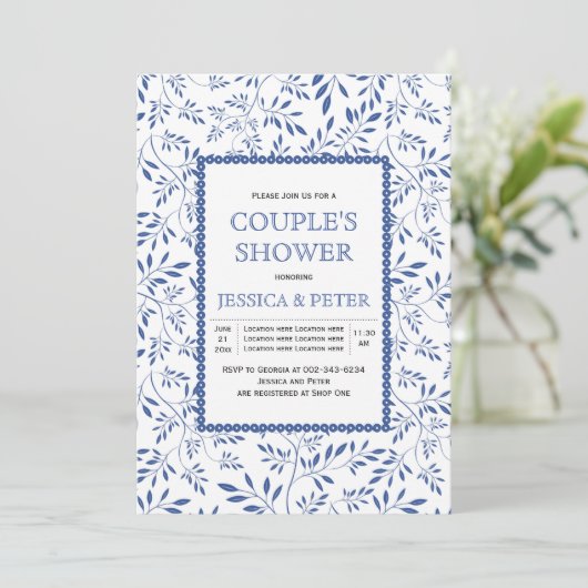 Invitation Moderne Indigo bleu feuille mariage douche (Debout devant)
