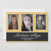 Invitation Moderne Jaune Noir Blanc Trois Photo Graduation (Devant)