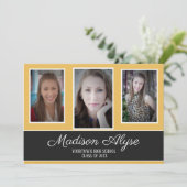 Invitation Moderne Jaune Noir Blanc Trois Photo Graduation (Debout devant)
