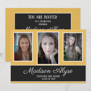 Invitation Moderne Jaune Noir Blanc Trois Photo Graduation