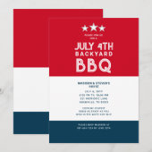Invitation Moderne Juillet 4 Jardin BBQ Party Rouge Blanc Ble (Devant / Derrière)