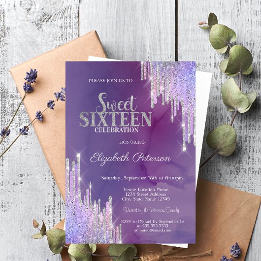 Invitation Moderne Lavande Glitter Gouttes Violet 16 Ans