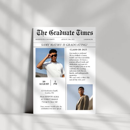 Invitation Moderne Le journal tendance diplômé en photo