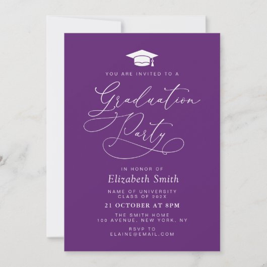 Invitation moderne lettering violet fête de graduation (Devant)