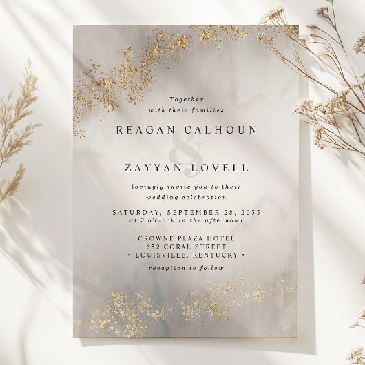 Invitation Moderne Luxe Gold Flecks Gris Aquarelle Mariage