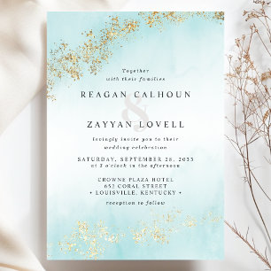 Invitation Moderne Luxe Gold Flecks Turquoise Watercolor Mari