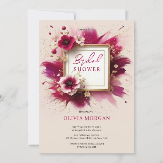 Invitation Moderne magenta fleurs roses cadre or Bride (Devant)
